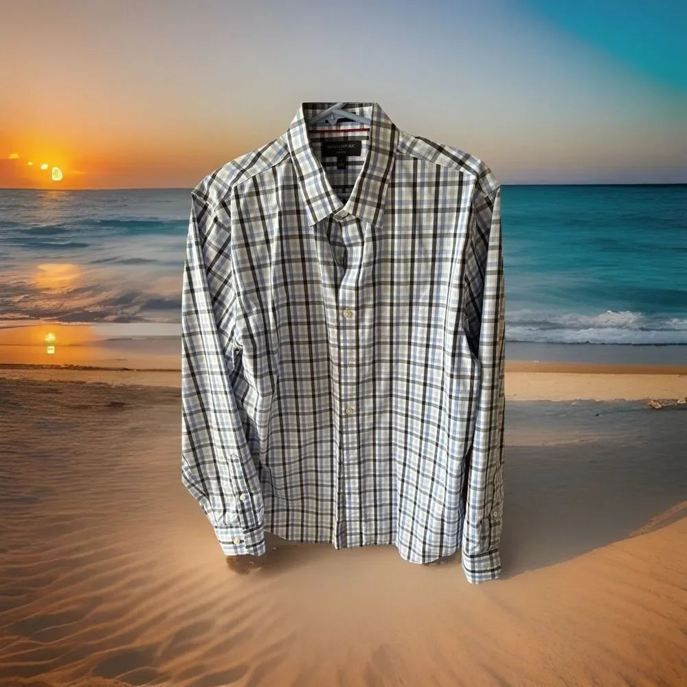 Banana Republic Non-Iron‎ Untucked Fit Shirt L Blue Plaid 100% Cotton